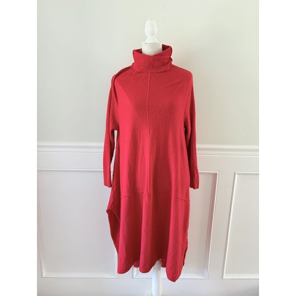 Red Wool Long Loose Turtleneck Dress L – Excellent Condition